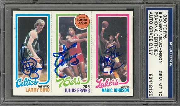 1980/81 Topps Larry Bird, Julius Erving and Magic Johnson Rookie Card – Signed by All Three Hall of Famers – PSA/DNA GEM MT 10 Signatures!